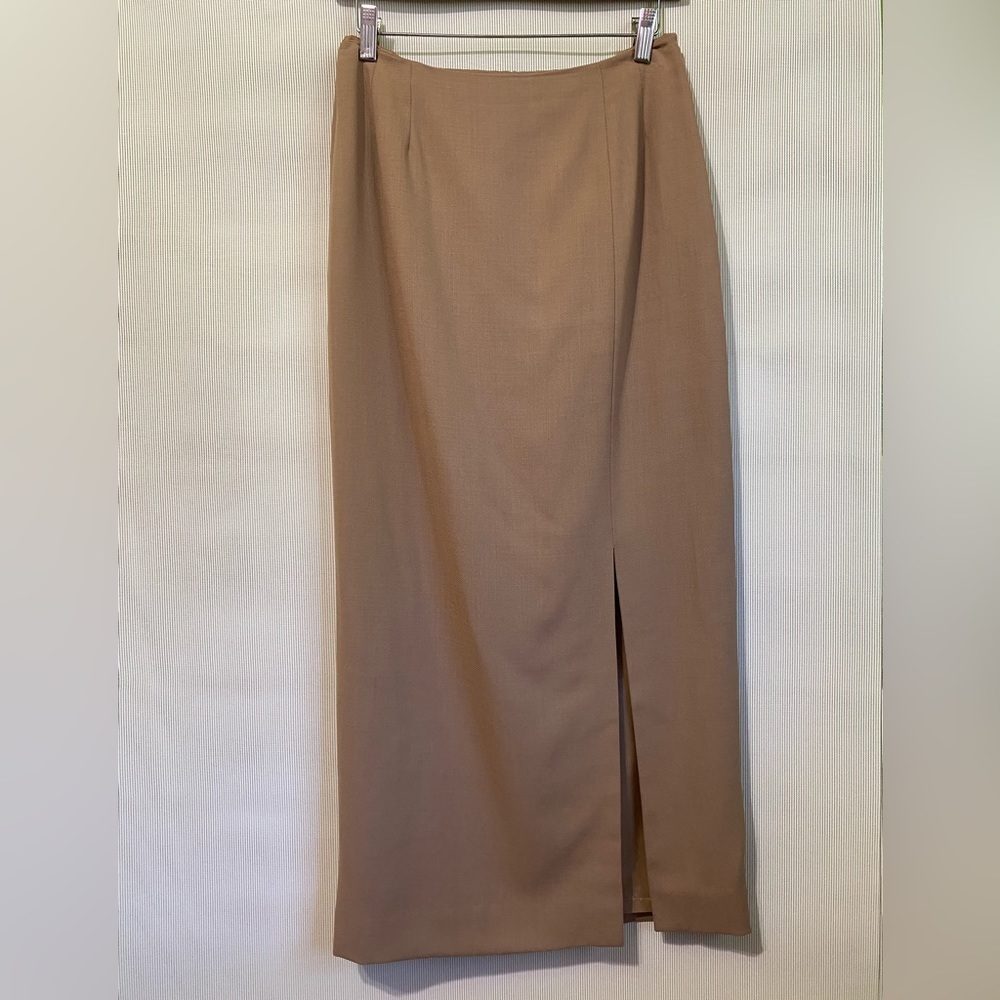 Doncaster Women’s 100% Wool Lined Maxi Pencil Skirt Size 6 Front Slit Tan